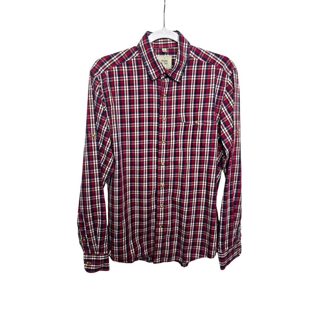Frank & Oak Button Down Shirt Mens Medium Red Plaid Roll Tab Sleeve Cotton‎